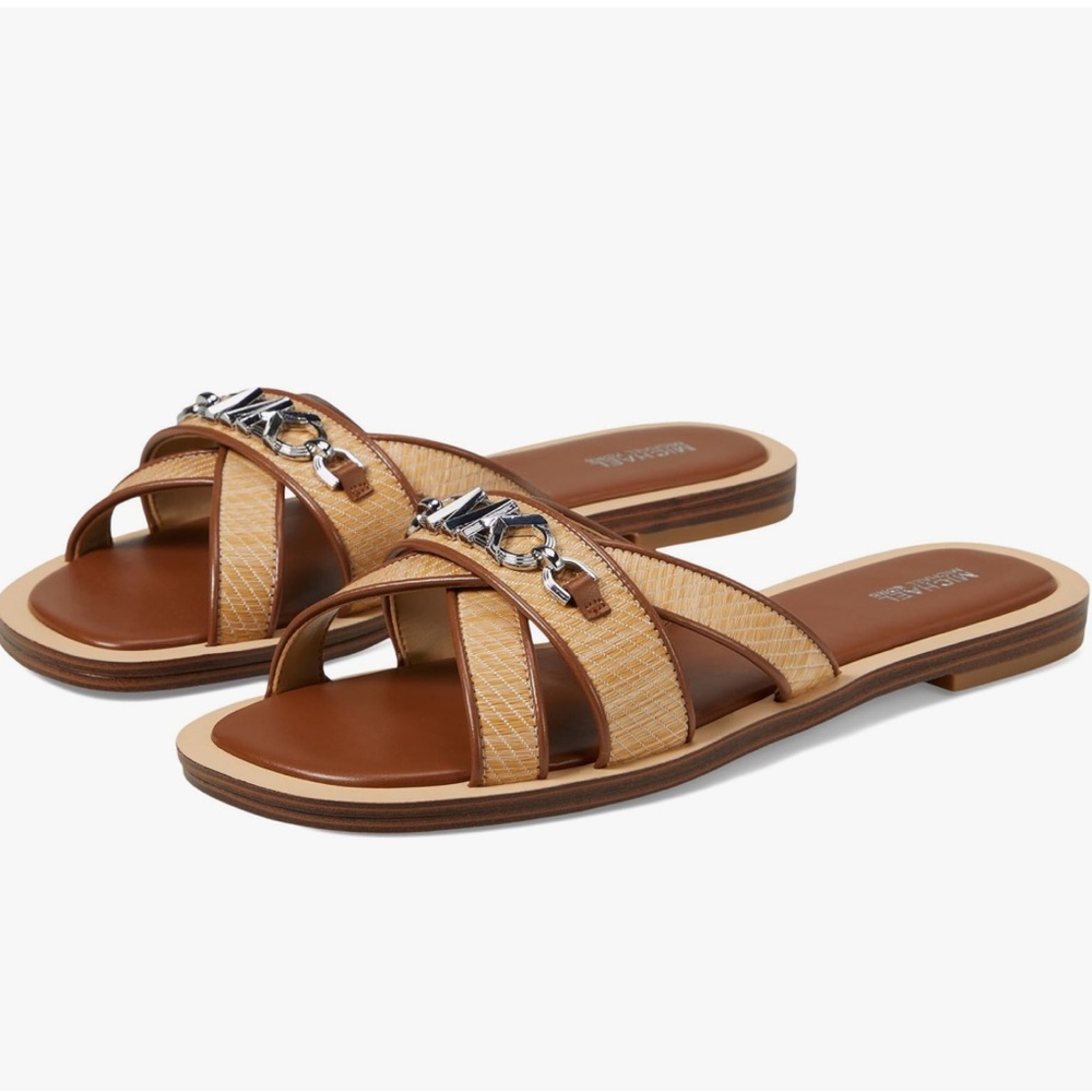 Michael Kors Sandals Tiffanie Tan Brown Flat Slide Women's Size 7.5 NWT